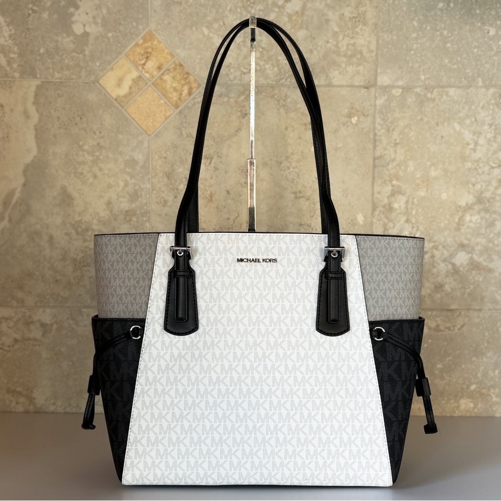 Michael Kors Voyager Drawstring Travel Tote Shoulder Bag MK Optic White Multi